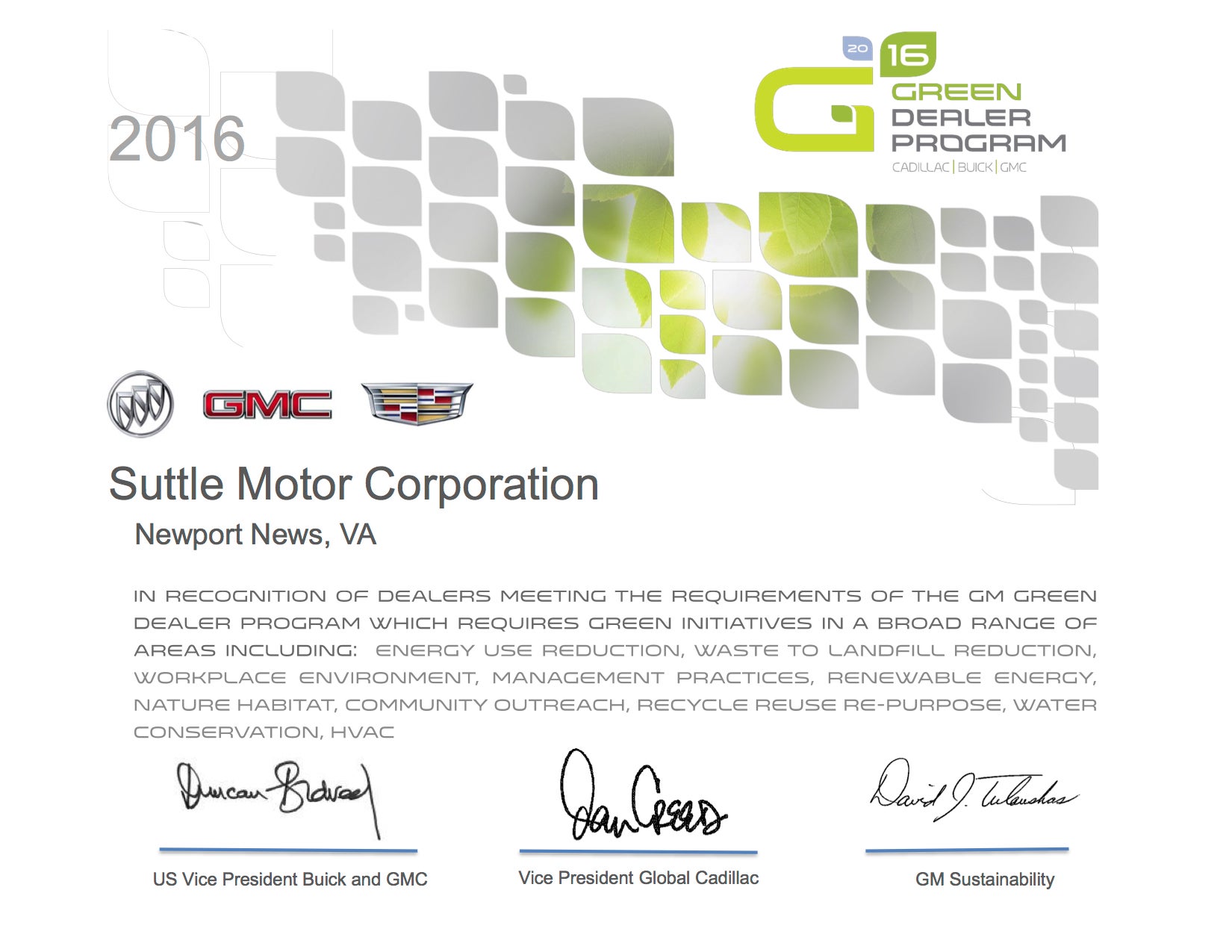 Suttle Motor Corporation - Green Dealer Program Recognition